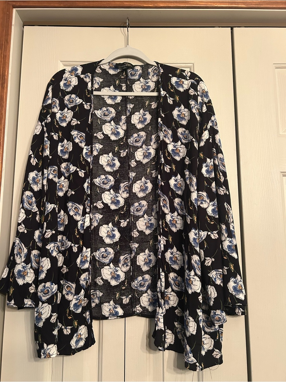 Suzanne Betro Black Open-Front Kimono with Blue & White Floral Print